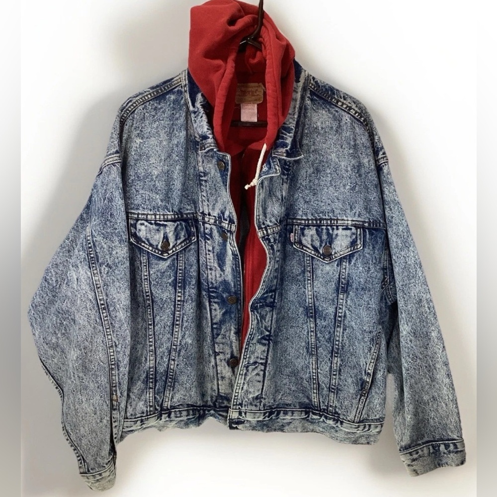 Levi’s Trucker Jacket 1980’s Vintage Acid Washed Blue Jean Hooded Red Sz XL